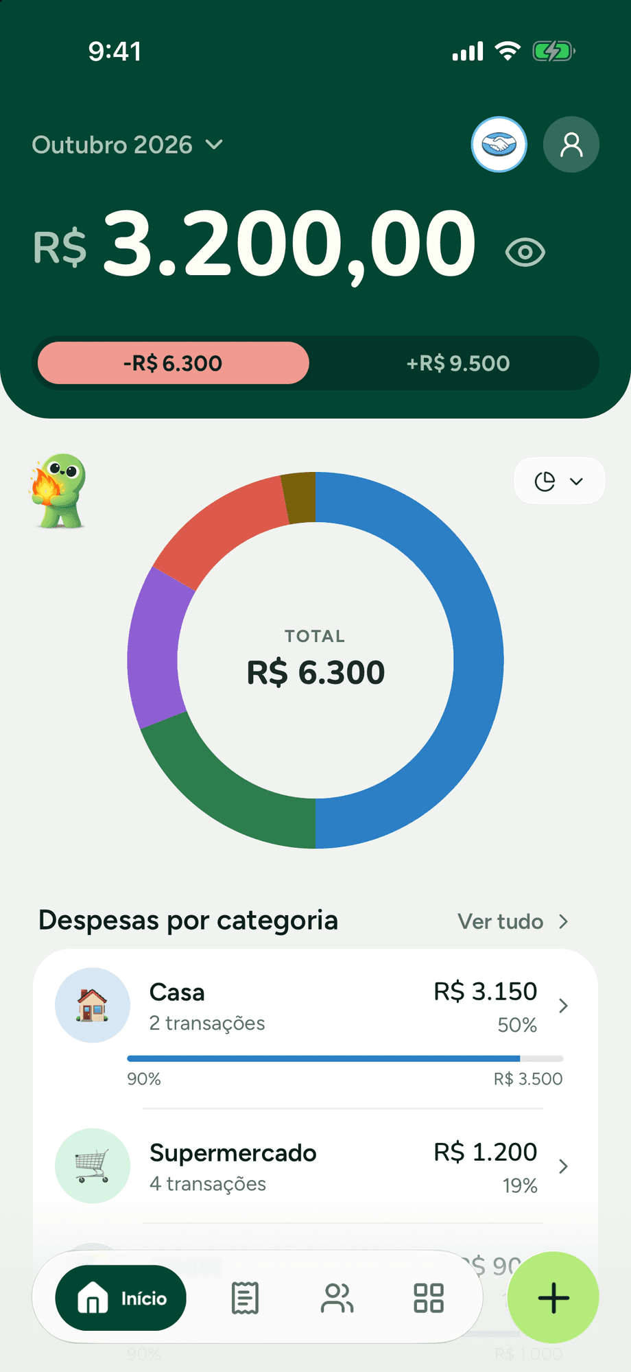 A tela inicial do Kesef, com o saldo do mês e a divisão por categoria