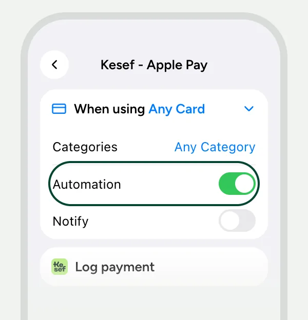 The "Kesef - Apple Pay" shortcut open in iOS 27 Shortcuts: the "When using Any Card" trigger with the "Automation" switch on and highlighted.
