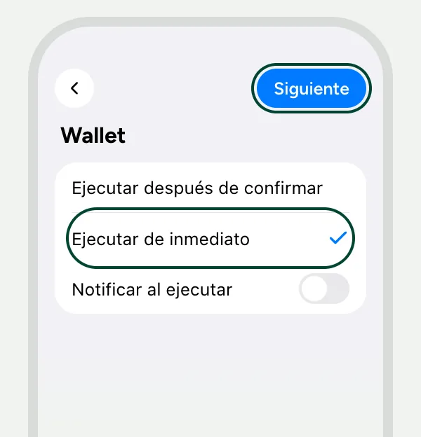 Las opciones del disparador Wallet en Atajos: "Ejecutar de inmediato" elegido, "Notificar al ejecutar" apagado y el botón "Siguiente" marcado.