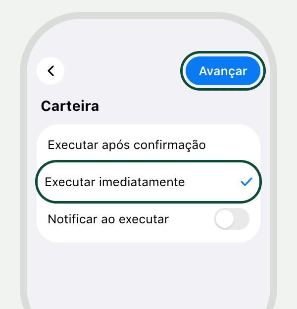 As opções do gatilho Carteira no Atalhos: executar imediatamente escolhido, notificar ao executar desativado e o botão de avançar marcado.