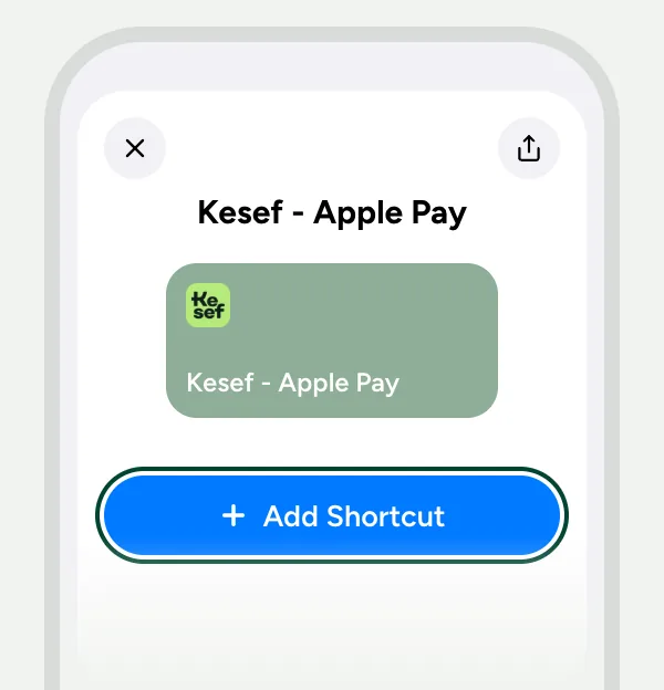 The Shortcuts app with the "Kesef - Apple Pay" shortcut ready to install and the "Add Shortcut" button highlighted.