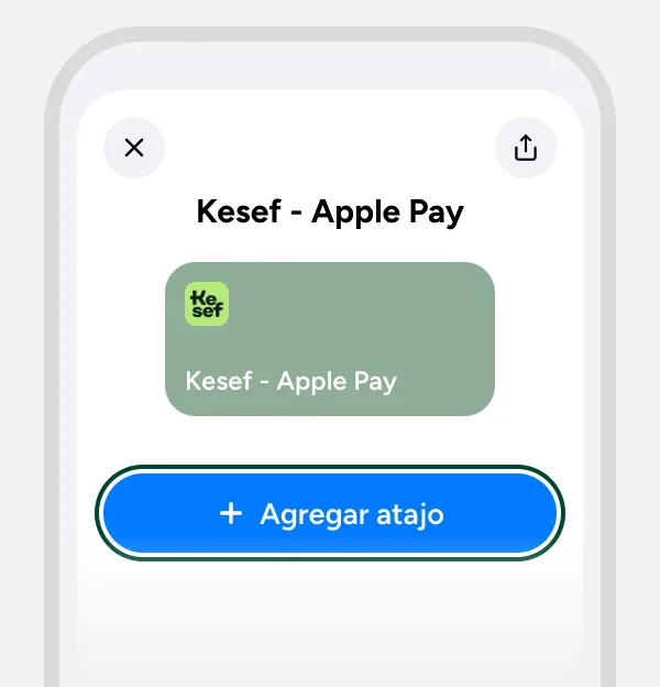 La app Atajos con el atajo "Kesef - Apple Pay" listo para instalar y el botón "Agregar atajo" marcado.