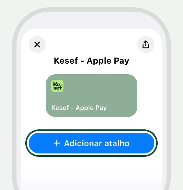 O app Atalhos com o atalho "Kesef - Apple Pay" pronto para instalar e o botão de adicionar marcado.