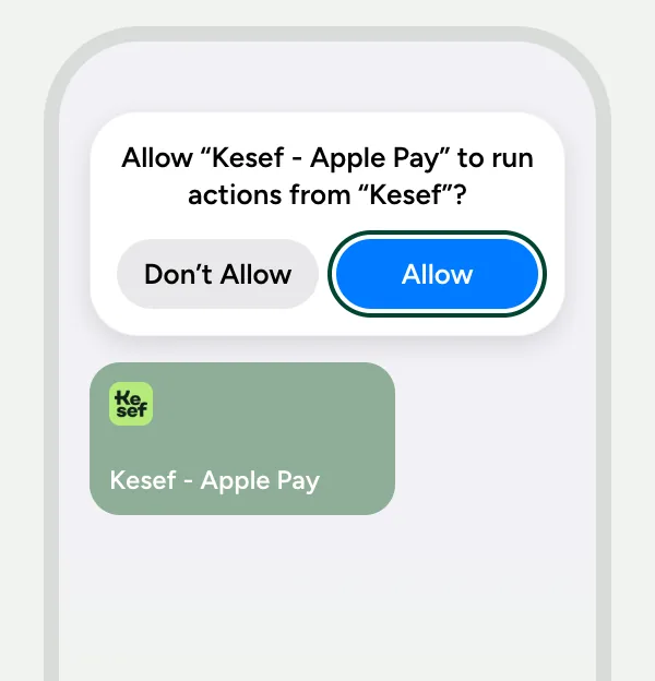 La pregunta de Atajos, en inglés: "Allow Kesef - Apple Pay to run actions from Kesef?", con el botón "Allow" marcado.